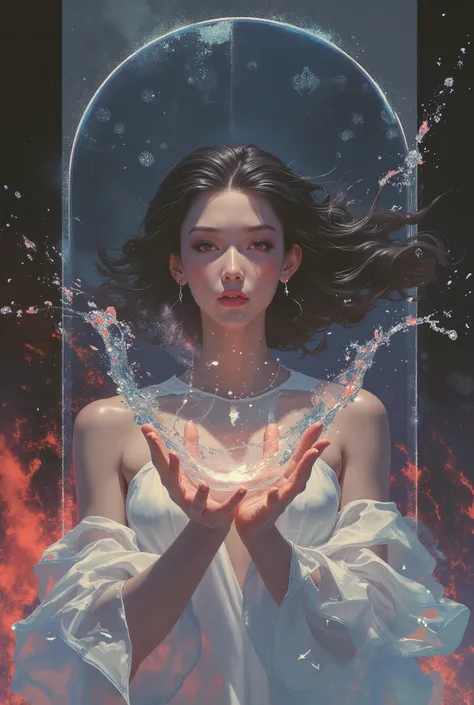 create a mirror in the world, dynamic pose, perfect fingers and hands, splashes of bright red vermillion, Mirror, mirror, a vision unfolds, A beautiful woman, her story told. Happy and bright, her gaze meets the lens, Eyes locked in the camera, as reality ...