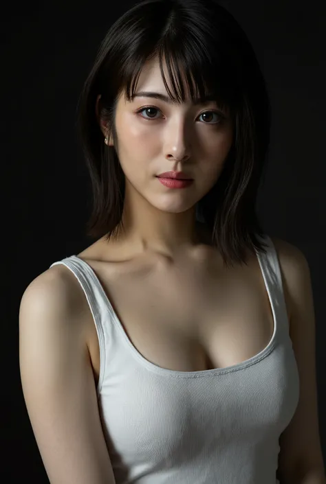 ((( High resolution,top quality, super detailed, Masterpiece , very detailed,realistic,real person,Ultra detailed skin))) ,dark background,(from front),upper body, medium shot, looking at viewer , (tempt face, closed mouth),  black hair, medium hair, big b...