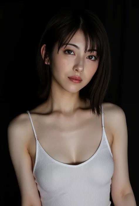 ((( High resolution,top quality, super detailed, Masterpiece , very detailed,realistic,real person,Ultra detailed skin))) ,dark background,(from front),upper body, medium shot, looking at viewer , (tempt face, closed mouth), black hair, medium hair, big b...