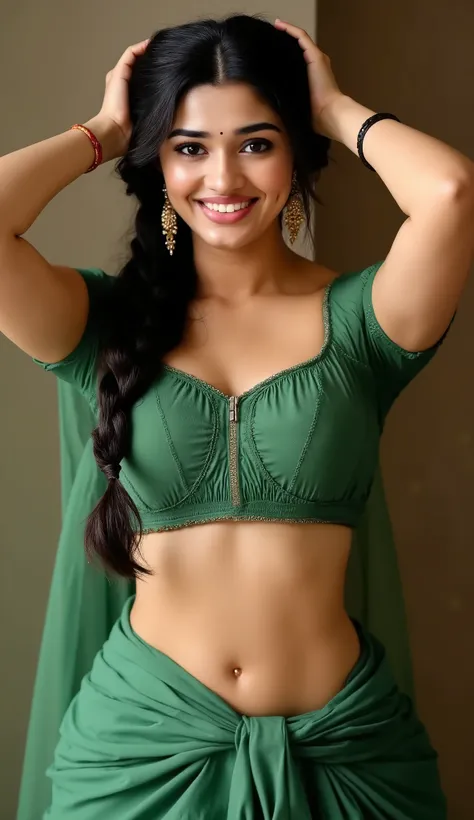 A beautiful mature Indian woman, age 20-25, with light brown skin, long black hair in a braid, big round breasts 36D, a traditional smiling expression, and a perfect fit body with curved hips and round 37, tight big  36DD. She is wearing a green lehnga tha...