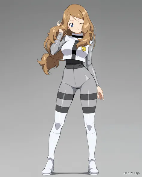 alone, solo, serena, long hair, blue eyes, brown hair, score_9, score_8_up, score_7_up, score_6_up, source_anime, anime, masterpiece, best quality, black and white top, grey bodysuit, bodysuit under clothes, grey pants, white boots, white thigh boots, team...