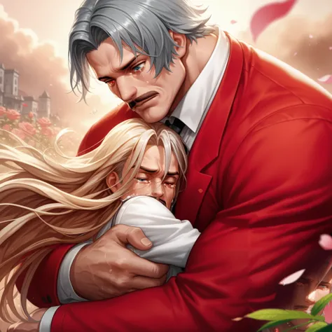 RugalIL, 1boy, male focus, mature male, mustache, blue eyes, red eyes, heterochromia, short hair, grey hair, crying:1.5, tears:1.5