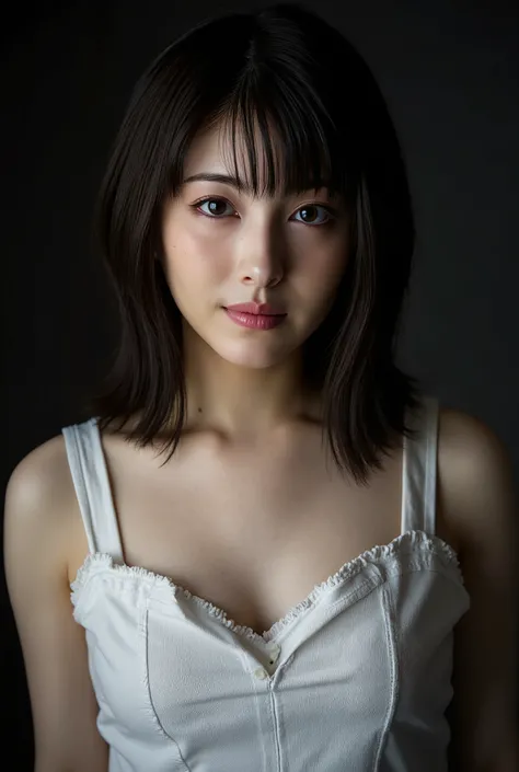 ((( High resolution,top quality, super detailed, Masterpiece , very detailed,realistic,real person,Ultra detailed skin))) ,dark background,(from front),upper body, medium shot, looking at viewer , (tempt face, closed mouth),  black hair, medium hair, big b...