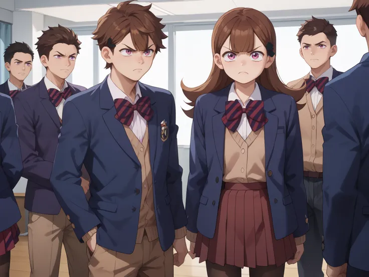 Ren Yamai , long hair, bangs, brown hair, pink eyes, hair ornament, hair clip, skirt, shirt, long sleeves, bow, school uniform, jacket, white shirt, pantyhose, pleated skirt, striped, collared shirt, bowtie, red skirt, blazer, blue jacket, striped bow, ...