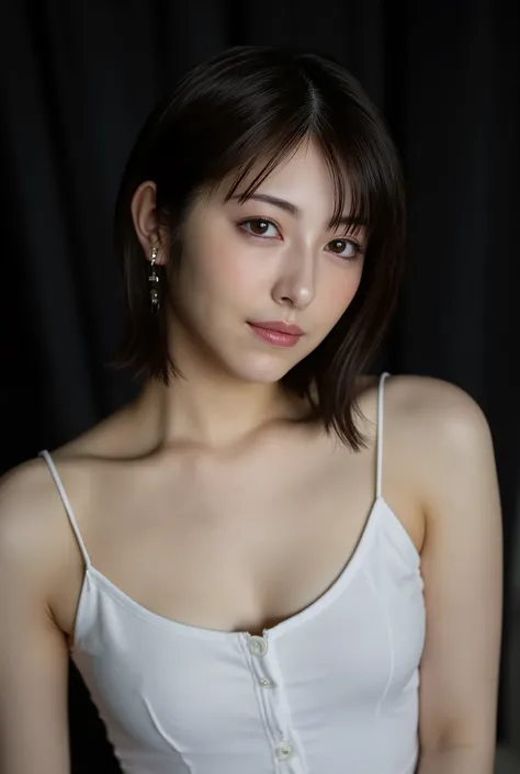 ((( High resolution,top quality, super detailed, Masterpiece , very detailed,realistic,real person,Ultra detailed skin))) ,dark background,(from front),upper body, medium shot, looking at viewer , (tempt face, closed mouth), black hair, medium hair, big b...