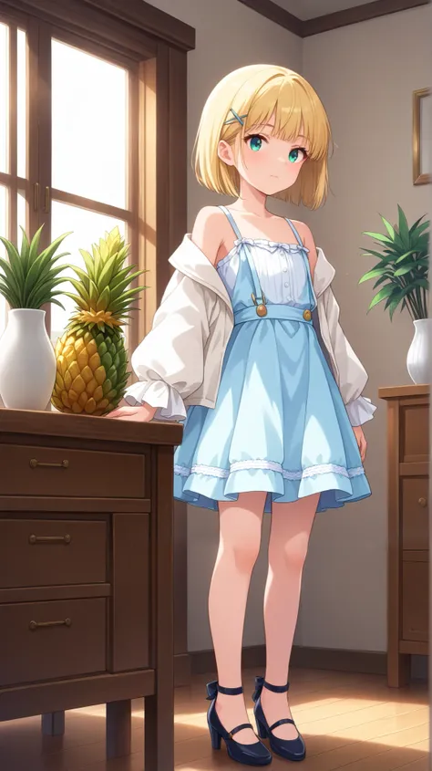 masterpiece, Highest quality, Absard dress, very aesthetic, general, 1 girl, solo, hair ornament, viewers, indoor, short hair, hair clips, blue eyes,  window, Bare Shoulder, bungs, plant, closed mouth, long sleeve, clavicle, Off Shoulder, potted plant, pur...