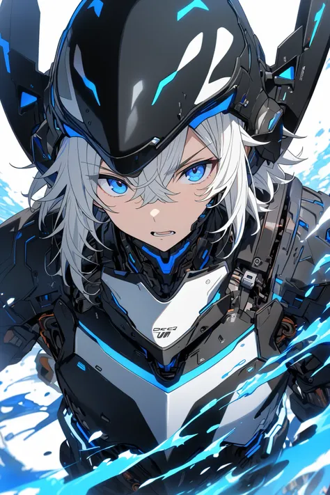 [(WHITE BACKGROUND:1.5),::5], ((masterpiece)), high quality, ultra very high resolution, full color, ((solo)), ((younger boy)), Black armor, Cyborg boy,  (ORCA armor), (ORCA Black mechanical head gear), ((men's Black and White hair)), (White streaked hair)...