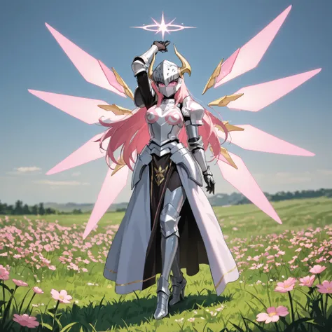   (best quality, masterpiece, 8K, anime style, anime lighting, hdr image, ultra detailed, beautiful image, without errors, anatomically correct) female knight with long hair , White-Pink fluorescent armor,fully cover helmet ,metal mask,chest,Heavy armor fe...