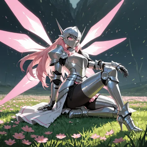   (best quality, masterpiece, 8K, anime style, anime lighting, hdr image, ultra detailed, beautiful image, without errors, anatomically correct) female knight with long hair , White-Pink fluorescent armor,fully cover helmet ,metal mask,chest,Heavy armor fe...