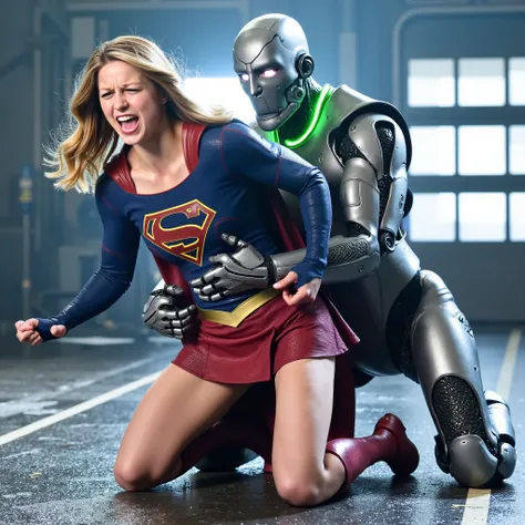 Melissa Benoist as Supergirl, (a very short skirt), fighting with an enemy, she is sexual assaulted from behind by Lex Luther the robot, she bend down, a green lighting collar on her neck, painful face, (Supergirl is screaming in pain), Lex Luther is a str...