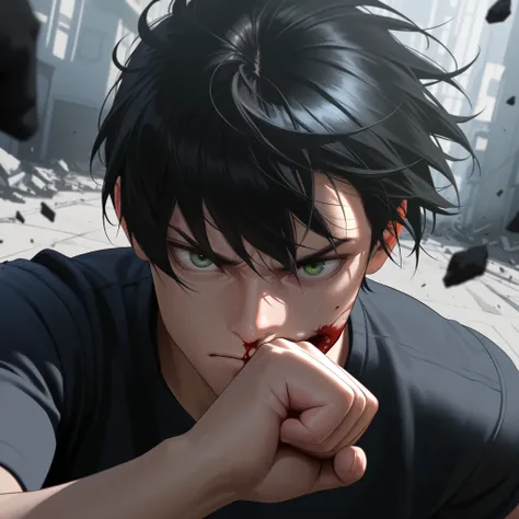 ultra detailed, 8k, ultra realistic, masterpiece, cinematic lighting, 1boy, 17y, portrait, messy spiky black hair, green eyes, arm back preparing to punch, bloody face, look of hate, surrounded by debris, dynamic angle, dynamic pose