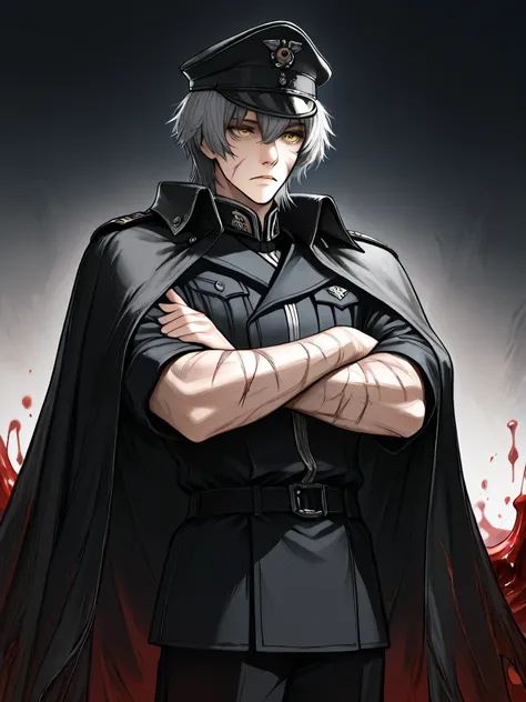 masterpiece, 1 male, Age 30, fantasy around the eyes, looking at the front, arms crossed, Thin waist, Glutinous Flesh, cowboy shot, Three big scars on the cheek, Gray Hair, Light skin, wolf cut, short hair, Rin々like, golden eyes, Blue and black military un...