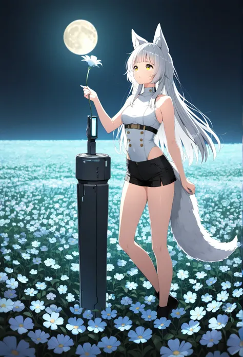 turns around, backlit,Fleeting,masterpiece , About  ,1 medium breasted girl, alone, 短いBangs,Bangs,Round eyebrows,  yellow eyes, silver hair ,straight long hair,long hair,wolf cut,gray fox ears,  White Fox Ears,Gradation to gray on the tips of the ears,full...