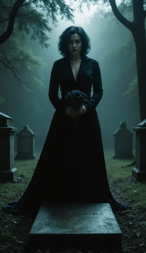 Beneath the relentless cascade of rain, in the haunting embrace of a moonless night, m3r1l stands transformed into a female Severus Snape. His tall, dark silhouette looms against the dim, spectral glow of cinematic light that filters through the storm. A w...