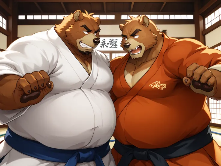 Juuichi - Morenatsu,dynamic angle,Ben Bigger, dynamic pose, looking away, furry male bear,obese,big belly,, fighting, judo, black belt, standing, attempting a throw, brown eyes, beautiful beard, male face, big face, square jawline, male eyes, sharp eyes, b...