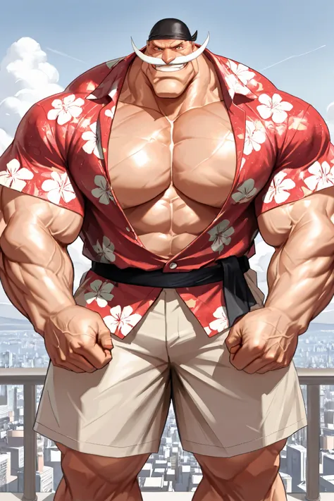 solo, massive muscular, old man, (shirohige, shirohige mustache), black bandana, very huge pectoral, shorts, hawaiian shirt, grin, city, detailed face, wide shoulder, thick arms, wide pectoral, muscle, short hair:1.2, masterpiece, semirealistic:1.2, high d...