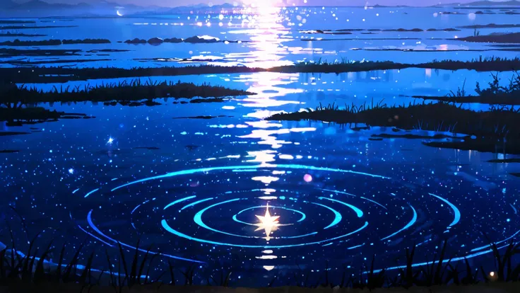 A serene nighttime scene of a calm lake under a starry sky. Gentle ripples spread across the water, reflecting the soft glow of the moon and twinkling stars. The atmosphere is peaceful and dreamy, with mist hovering above the water. The colors are deep blu...