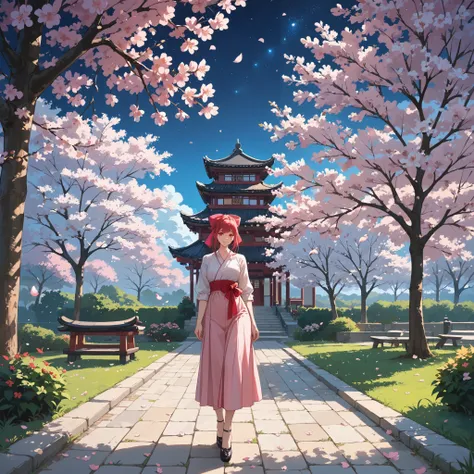 A park where cherry blossoms are in full bloom, many of the trees are in full bloom, and the petals are starting to fly, creating a fantastic atmosphere. The faint night lighting beautifully colors the cherry blossoms at night, and the cherry trees are ill...