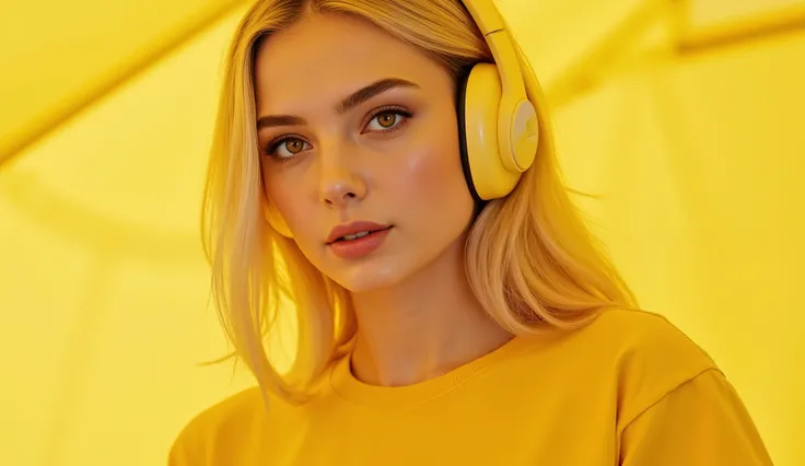 ckbergaze A beautiful woman with yellow hair and yellow eyes, wearing a yellow T-shirt and wearing headphones