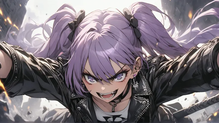 Gal, earrings, twin tails, purple hair, leather jacket, heavy metal, challenging look