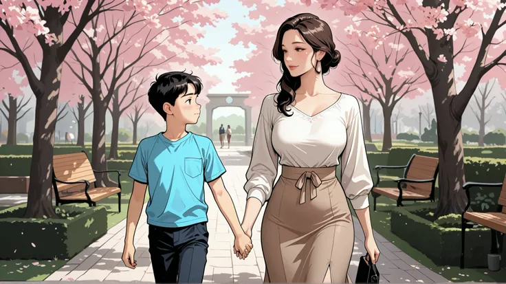 high quality, Perfect Dynamic Figures, Korean mature woman walking hand in hand with son, park