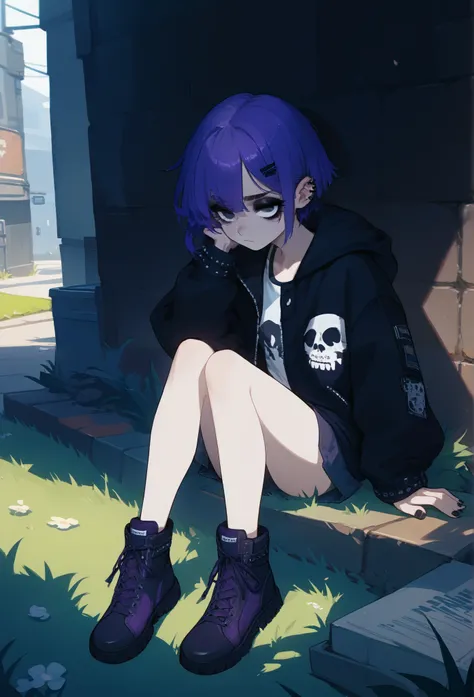 Masterpiece, best quality, Young Girl, purple hair, curvy body, dark alley, sitting on the floor, GOOD, EYE BAGS, tired, eye shadow, emo, sitting on grass, grass, jacket, dark, shadow
