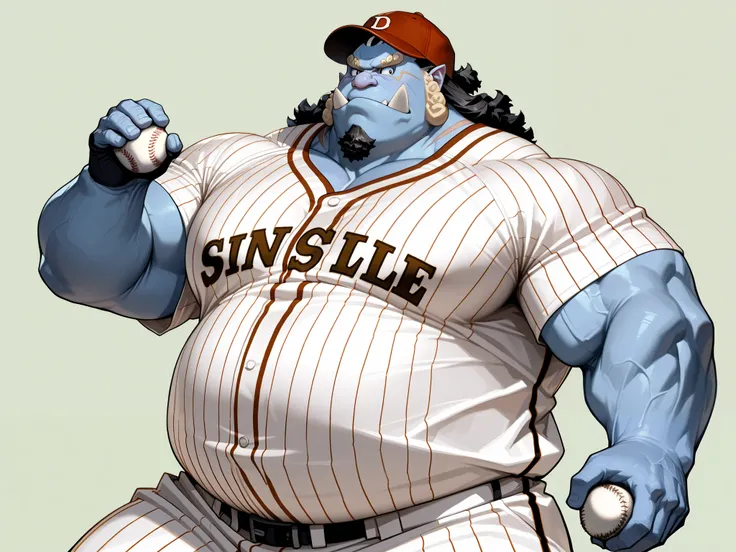 solo, chubby jinbe, big belly, fay, happy, side chest, Stand slightly sideways, side angel, shirtless, very huge pectoral, shorts, t-shirt, baseball, jersey, baseball fields, pitcher, playing baseball, jersey, baseball hat, holding baseball, detailed face:...
