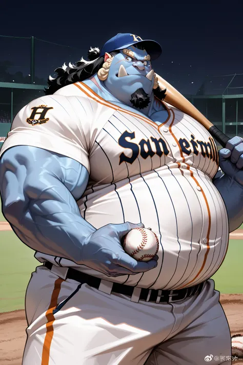 solo, chubby jinbe, big belly, fay, happy, side chest, Stand slightly sideways, side angel, shirtless, very huge pectoral, shorts, t-shirt, baseball, jersey, baseball fields, pitcher, playing baseball, jersey, baseball hat, holding baseball, detailed face:...