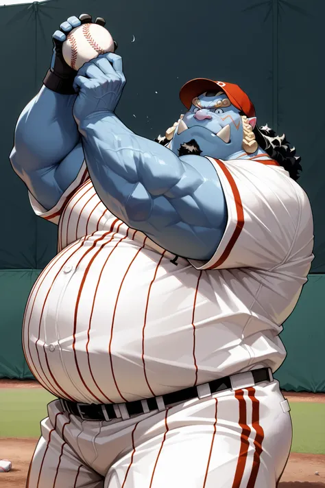solo, chubby jinbe, big belly, fay, happy, side chest, Stand slightly sideways, side angel, shirtless, very huge pectoral, shorts, t-shirt, baseball, jersey, baseball fields, pitcher, playing baseball, jersey, baseball hat, holding baseball, detailed face:...