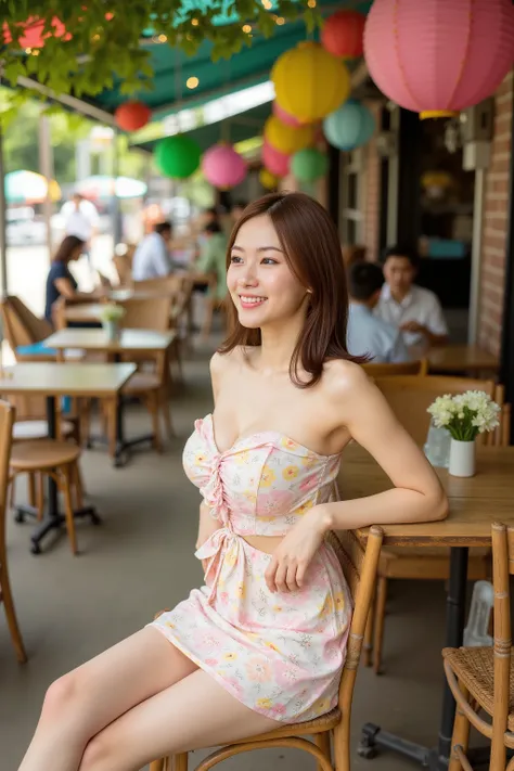 Young woman, 20s, ((large breasts,sagging breasts)),Asian ethnicity, wearing a pastel floral, strapless mini dress. The dress features a cutout detail and tie waist, showcasing a slender figure. The dress fabric appears semi-sheer with delicate floral pat...