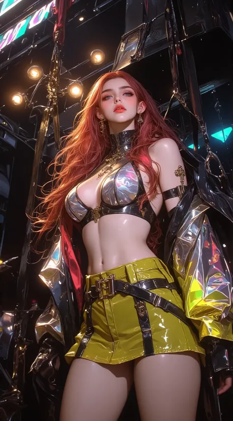 ((((Shiny silver accessories)))), ((((In the storm where thunder shines)))), ((((wet and glowing skin)))), (((Red Hair))), ( backlit), ((Super wet skin)), ((Fluorescent color)), (((In-depth images))), brunette girl, big Smile, super beautiful glowing eye...