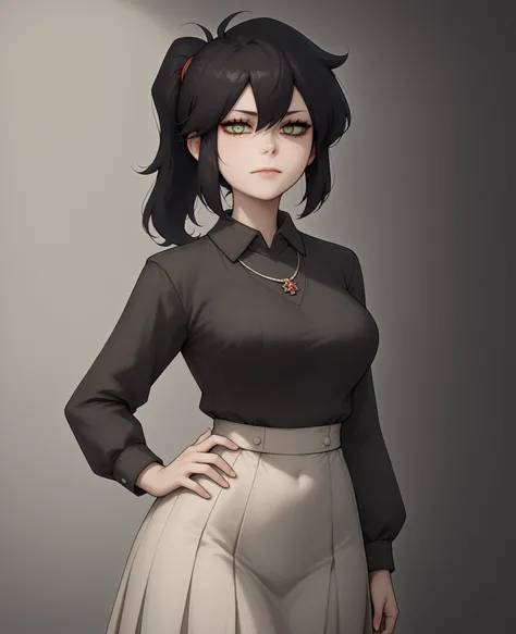 score_9, score_8_up, score_7_up,
1girl, reneegr, black hair, ponytail, sidelocks, long hair, green eyes, jitome, bags under eyes,
necklace, collared white shirt, long sleeves, black sweater vest, white pleated skirt,
hands on hips, standing, looking at vi...