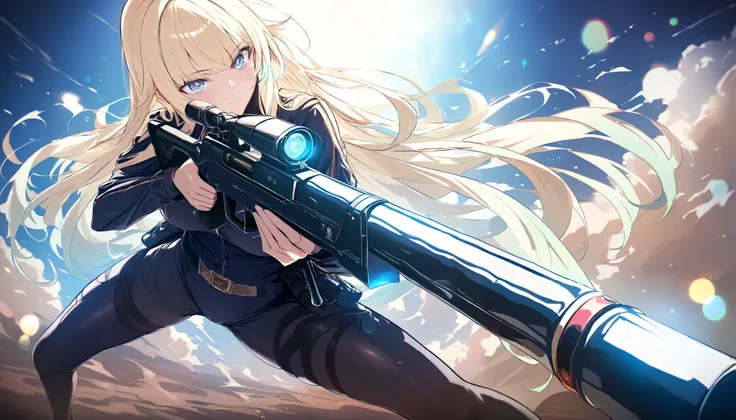 （1girl）,{{藍沢エマ(ぶいすぽ) }}, {(ぶいすぽ}}, long hair,masterpiece, best quality, ultra-detailed, anime-style, Saito Naoki style, intense and focused atmosphere, tactical sniper stance, cinematic lighting, sleek and stylish, smooth skin, glossy highlights, glowing a...