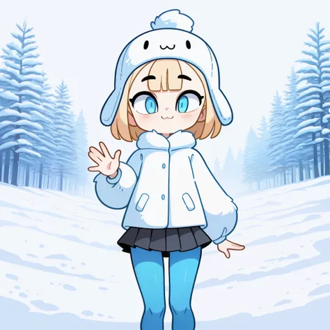 1girl, solo, loli, short blonde hair, middle bangs, blue eyes, white fur coat, trapper hat, black pleated skirt, blue pantyhose, :3, smile, cute, waving hand, standing, looking at viewer, snow background, from the front view, diives
