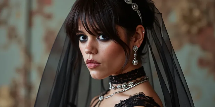 A Pastel Goth fashion portrait of a Goth woman wearing Velvet corsets with lace trimLayered fishnet sleevesPlatform combat bootsChokers with occult pendantsCrushed velvet texturesOxidized silver jewelryBloodstained lace detailsLeather harness with chain ac...