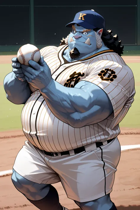 solo, chubby jinbe, big belly, fay, happy, side chest, Stand slightly sideways, side angel, shirtless, very huge pectoral, shorts, t-shirt, baseball, jersey, baseball fields, pitcher, playing baseball, jersey, baseball hat, holding baseball, detailed face:...