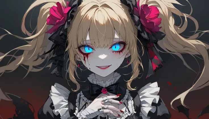 Top quality, masterpiece, 748cm style, upper body, single girl, looking down at the viewer, crooked smile, sinister blue eyes, glowing pink irises, messy pigtails, bandages, broken accessories, blood red nails, pale skin, gothic lolita fashion, faint blush...