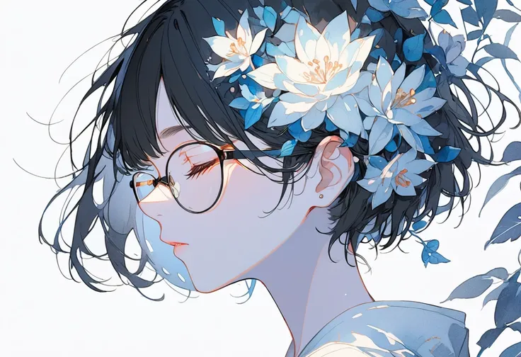 masterpiece, best quality work, great quality from above, very aesthetic, high resolution, newest, watercolor touch, hyper-detail on someone else's head, Off Shoulder, profile, one girl, closed eyes, black hair, flat color,short hair, small breasts, glasse...