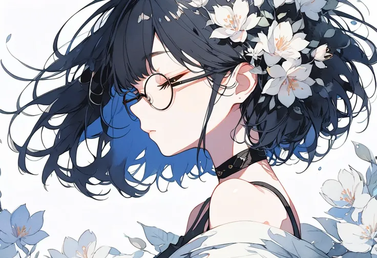 masterpiece, best quality work, great quality from above, very aesthetic, high resolution, newest, watercolor touch, hyper-detail on someone else's head, Off Shoulder, profile, one girl, closed eyes, black hair, flat color,short hair, small breasts, glasse...