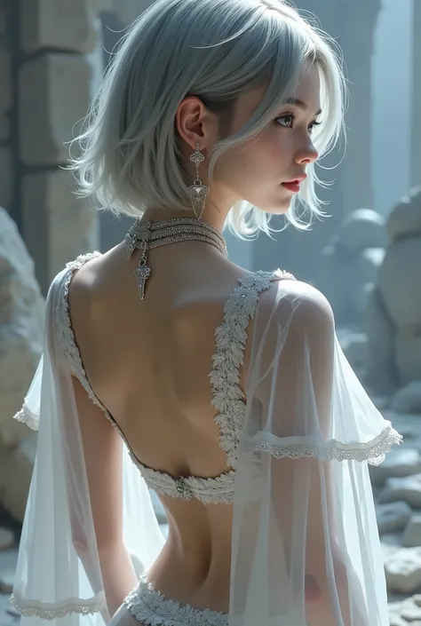 beautiful, Fascinating Women in a Fantasy World 、 from behind、smooth very short grey hair 、( charming white leather bodysuit、lots of elaborate silver embroidery)、 beautiful腹筋 、 sensual white leather low rise shorts、with elaborate silver embroidery、transpa...