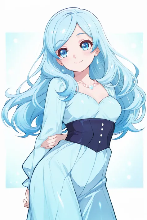 A pastel-colored anime-style illustration of a young adult girl with blue hair and bright, light eyes. She is depicted from the waist up or in a full-body pose, wearing a soft, elegant outfit in pastel tones. Her expression is gentle and serene, with a dre...