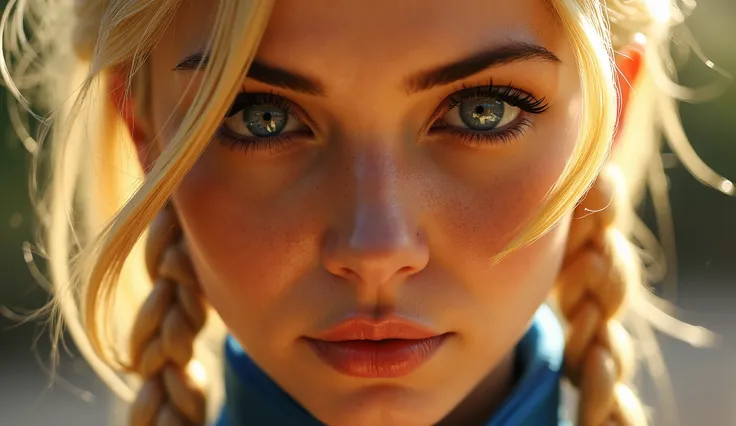 A highly detailed close-up of Cammy White's face. Her blonde hair is styled in her signature two braids, and her piercing blue eyes are filled with determination and focus. She wears her iconic blue leotard, with the collar slightly visible at the edge of ...
