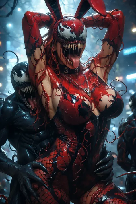 Carnage woman body, Baby faced brunette girl, beautiful face, ahegao face, baby face, (carnage body bunny suit, Bunny ears,Fishnet tightss,Fishnet tights_Bodysuits,Fishnet tights stockings), Realistic, hyper realistic, score_9, score_8_up, score_7_up,  sco...