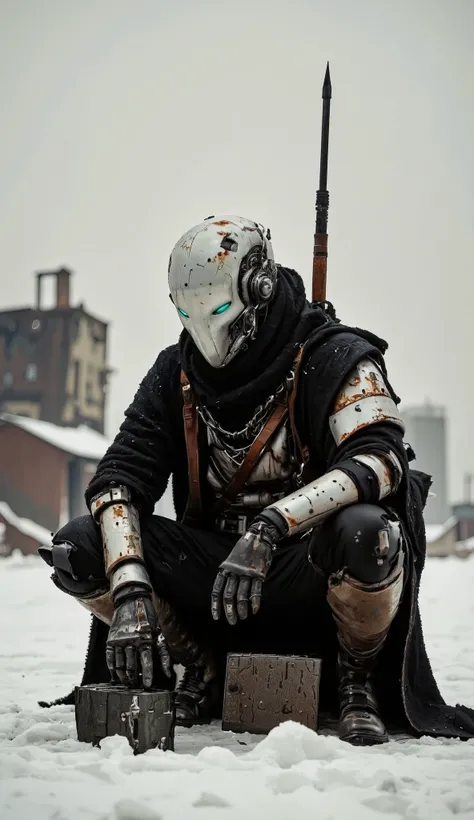 The Recypu, cyberpunk is very detailed, high-quality photography. futuristic, armored warrior, squatting on a grainy, deserted snowy plain. The subject's head is covered with smooth, metal helmet, face concealer , prosthesis, creates an ominous, robotic a...