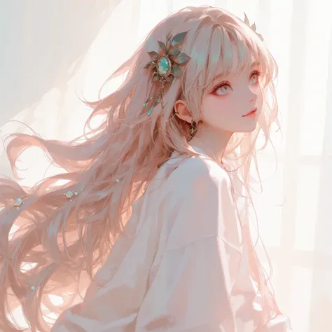 upper body, Girls' Front, neat figure, Beautiful detailed girl, young, very long hair, flowing hair, Beautiful face, beauty detailed eye, opal hair, beautiful hair ornaments, piercing, white shirt, bright,