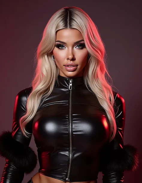 (masterpiece, best quality:1.2), 1girl, solo, woman, mid body image, (makeup:1.4), turtleneck latex outfit, zipper, highly detailed fur, natural skin texture, 4k textures, Highly detailed perfect , Lightroom, Intricate, Ultra-Realistic, Out There, (HDR:1.3...