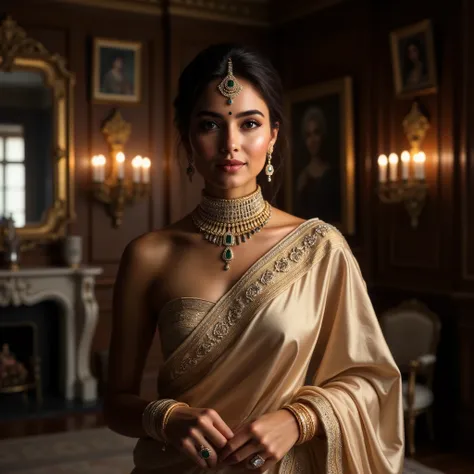 Ultra Realistic image of a well-known South Asian fashion model with a warm, medium-brown skin tone, standing gracefully in an opulent, antique room with dark wooden paneling, gilded moldings, a large gold-framed mirror reflecting the scene, framed artwork...