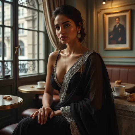 UHD - a Sri Lankan fashion model with a warm, medium-brown skin tone, seated elegantly on a low stone ledge in a chic Parisian coffee shop. The background features large, arched windows with intricate ironwork, soft natural light through sheer curtains, po...