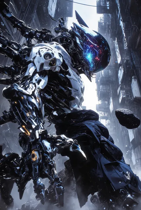 Cyberpunk anime, a stunning new generation cyborg robot without a face, throws a stone at the viewer,the head is a visual auditory node, a faceless humanoid with a translucent reflective head resembling a helmet or mask, the head is a polished, iridescent ...