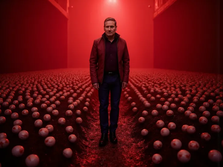 a red hellscape covered in eyeballs and Keir Starmer, dramatic lighting, dark fantasy, surreal, nightmarish, gritty, highly detailed, 8K, photorealistic, HDR, cinematic, moody colors, deep shadows, saturated reds, blacks, unsettling atmosphere
